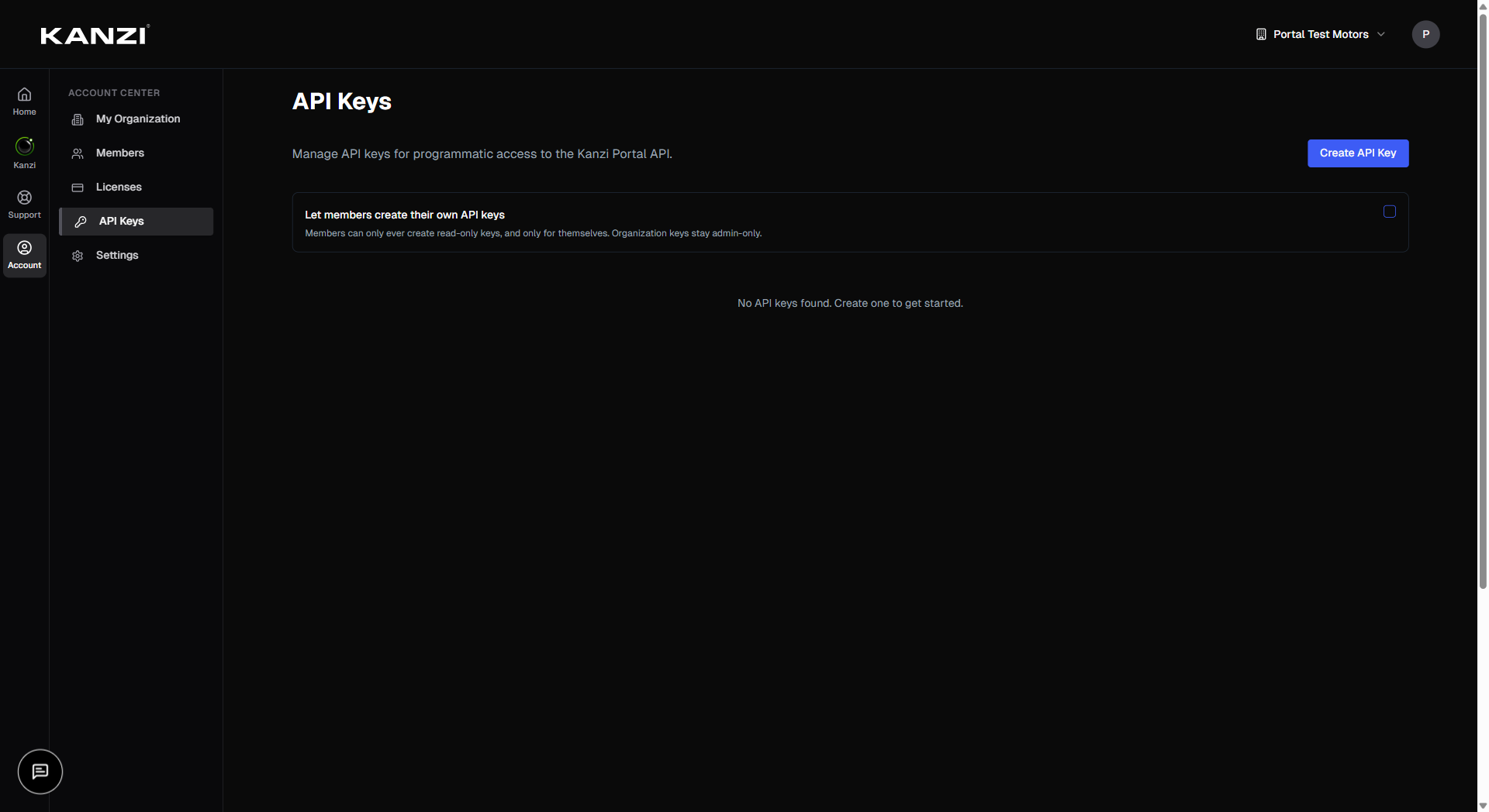 The API Keys page showing existing keys and the create button