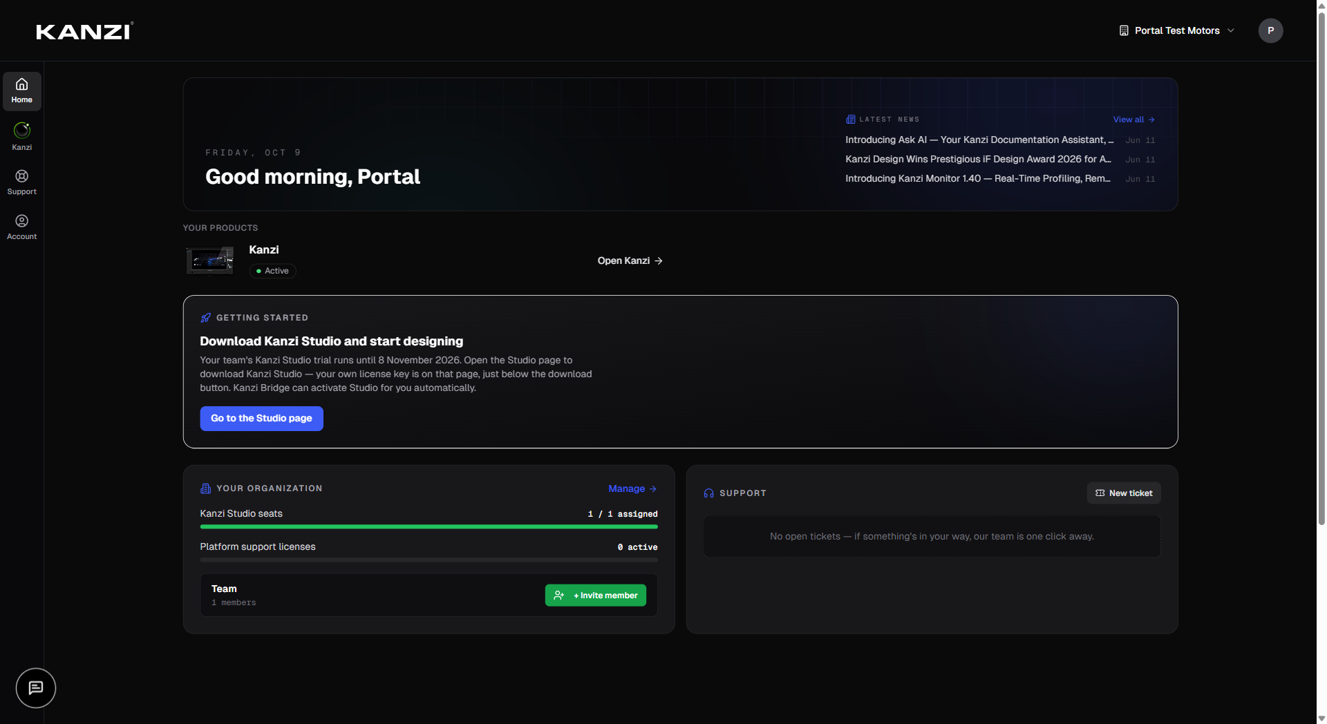 The Kanzi Portal dashboard after signing up