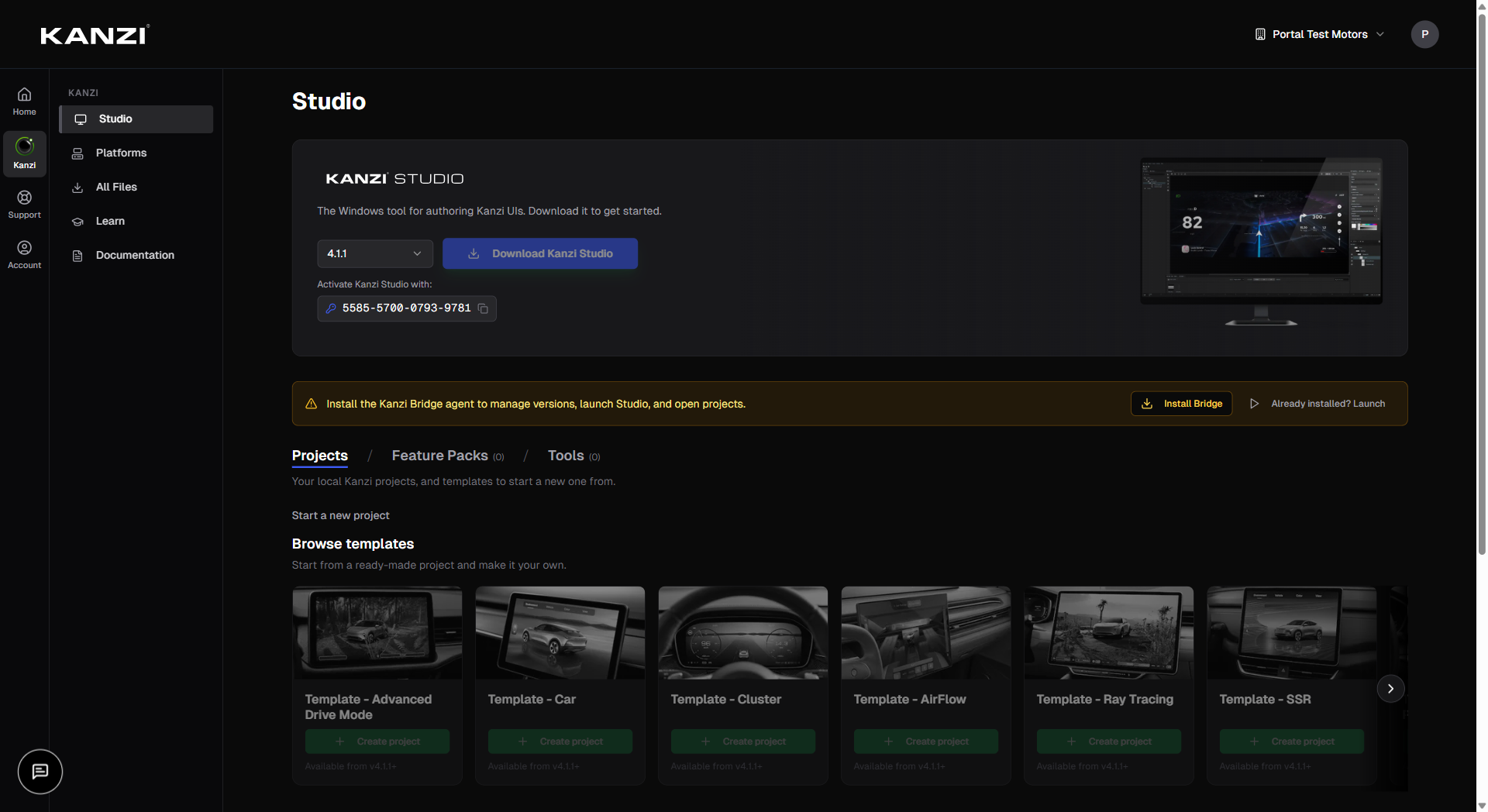 The Projects tab showing local project cards
