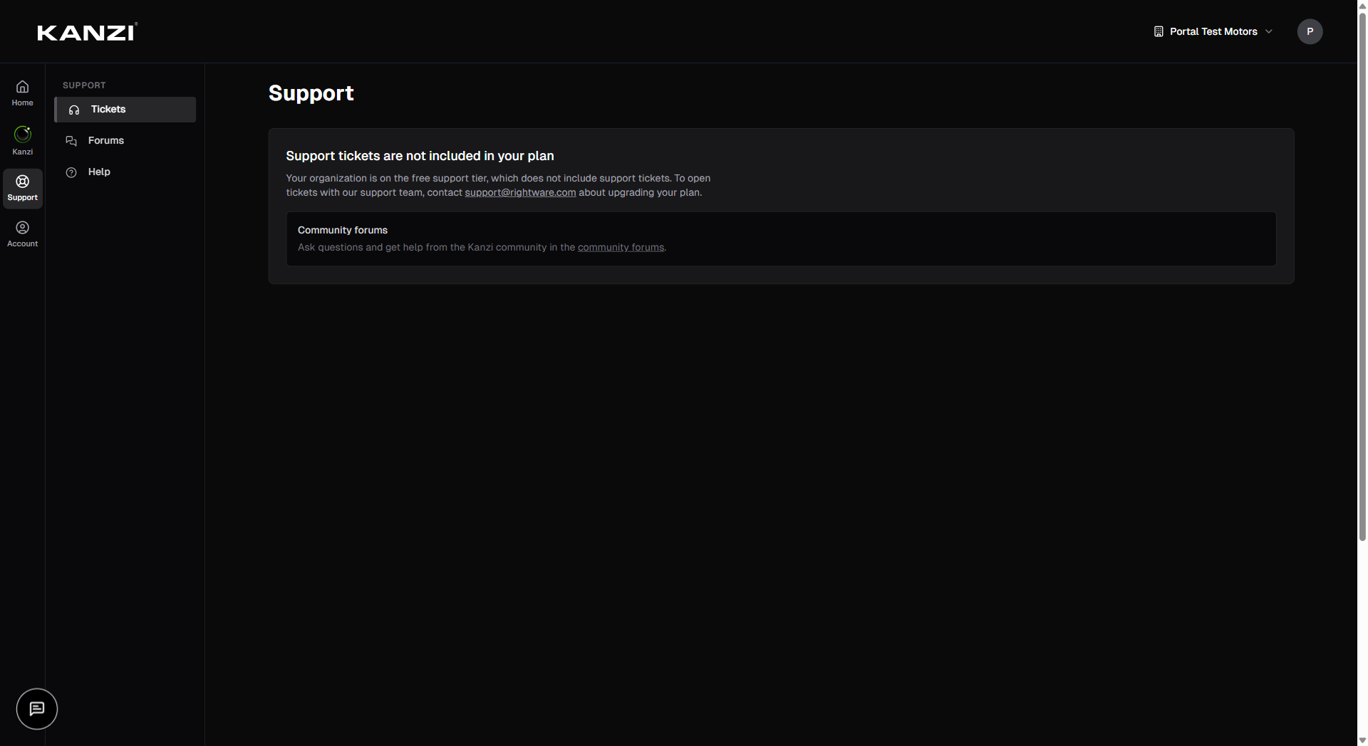 The Support page with ticket list and new ticket button
